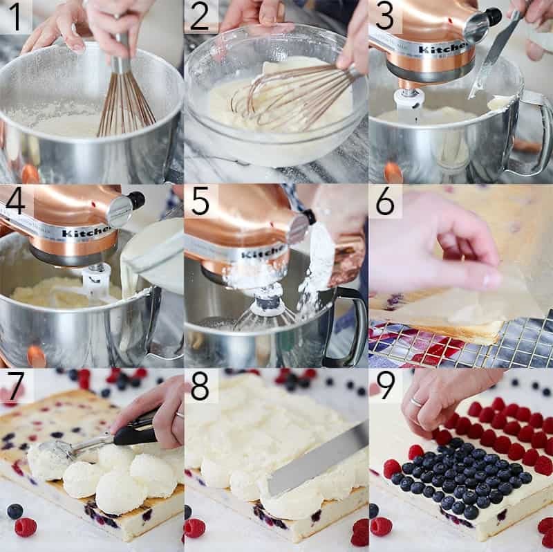 A photo collage showing steps to make an American flag cake.