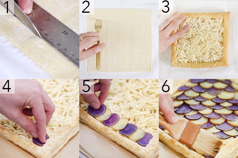 A photo collage showing the steps to make a Potato Tart
