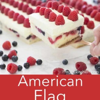 Pinterest graphic of a square slice of American flag cake lifted with the rest of the cake.