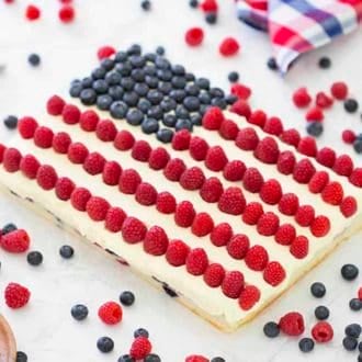 American Flag Cake made with blueberries and raspberries