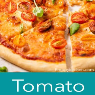 A pinterest graphic of a tomato pizza with cherry tomatoes