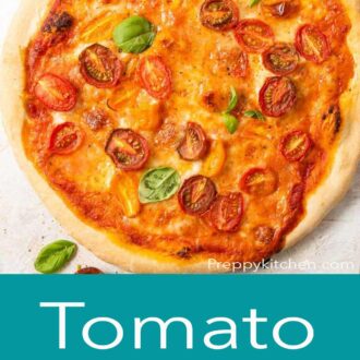 A pinterest graphic of a tomato pizza with cherry tomatoes
