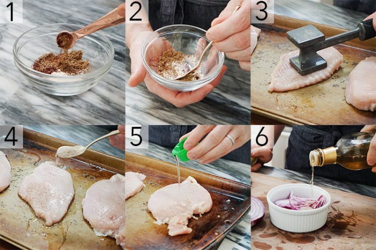 Mixed seasonings in a small bowl, tenderize chicken breasts, sprinkle chicken breasts with seasoning, cover in oil, pickle onions with vinegar. 