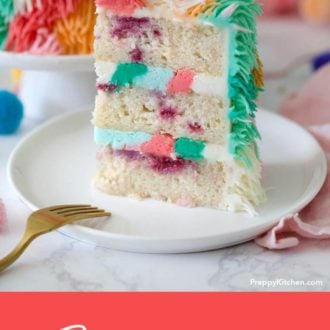 A photo of a colorful piece of cake.