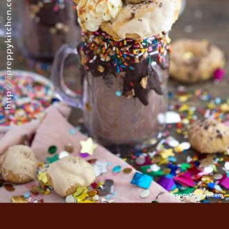 Chocolate milkshake with pastries, sprinkles and chocolate ganache