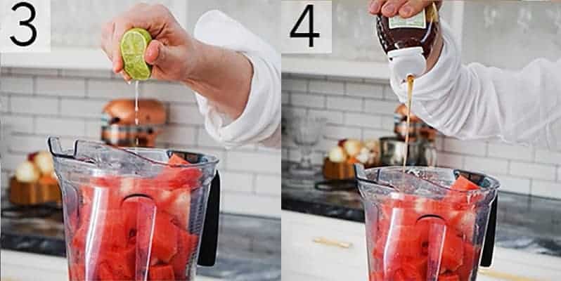 line and honey being added to a blender