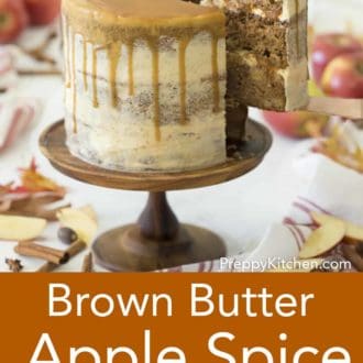 three layer apple spice cake topped with caramel drizzle