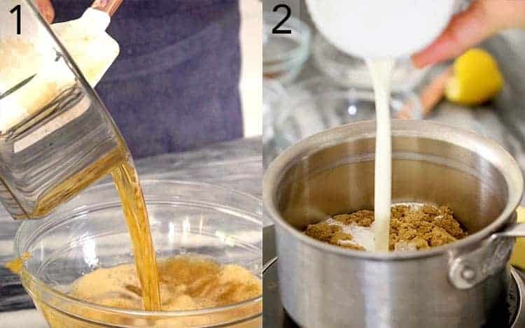 Browned butter poured into a bowl and caramel being made.