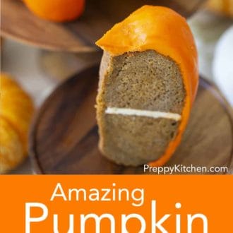 piece of pumpkin bundt cake decorated to look like an actual pumpkin