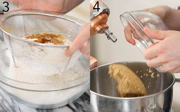 Two photos showing pumpkin cake batter being started
