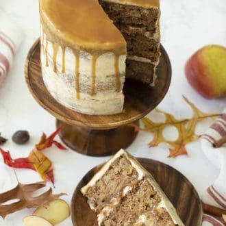 three layer apple spice cake topped with caramel drizzle