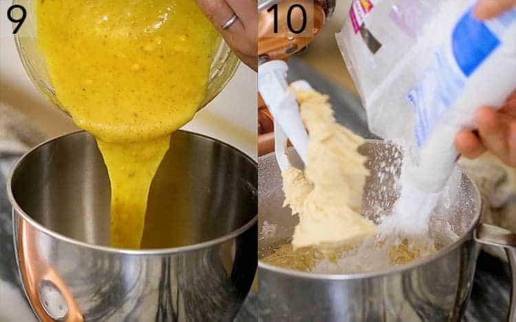 Browned butter buttercream being made in a stand mixer.