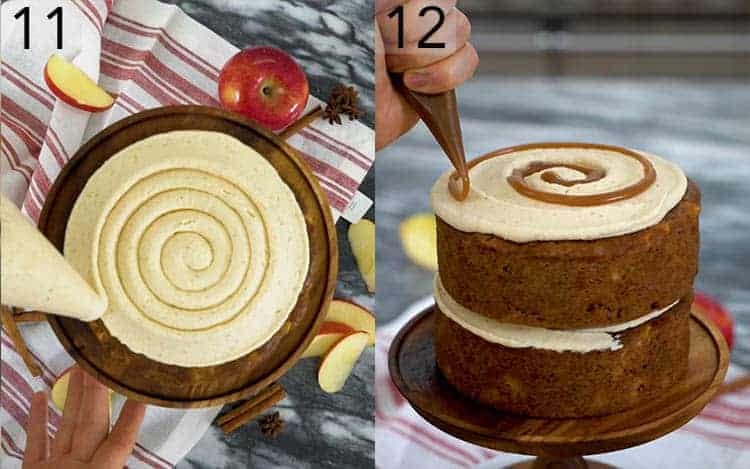 An apple spice cake getting assembled.