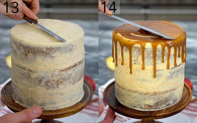 Apple spice cake getting smoothed and topped with caramel.