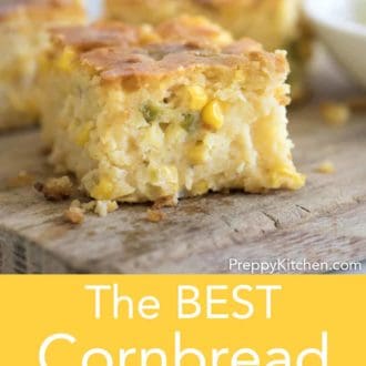 Pinterest graphic of pieces of cornbread pudding on a serving board.