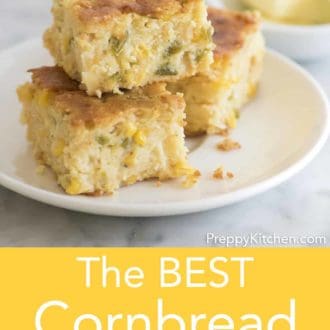 Pinterest graphic of pieces of cornbread pudding stacked on a plate.