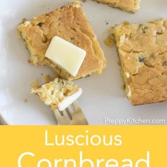 Pinterest graphic of pieces of cornbread pudding on a plate.