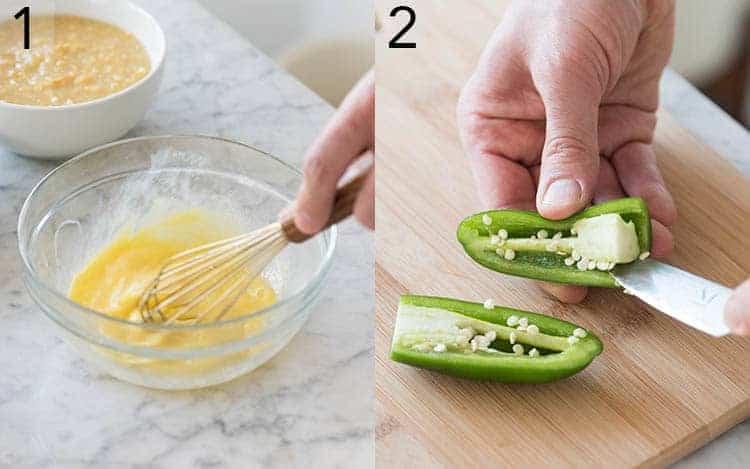 Two Photos showing eggs getting whisked and jalapeños being deseeded