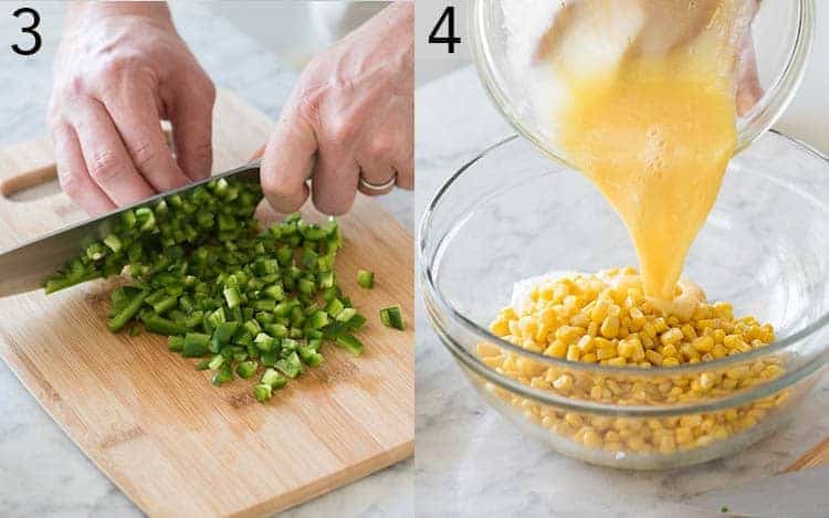 Two Photos showing pepperes getting shopped and egges getting added to cornbread pudding batter