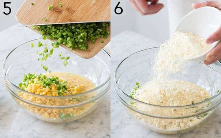 Two Photos showing jalapeños and cornmeal being added to Cornbread pudding batter