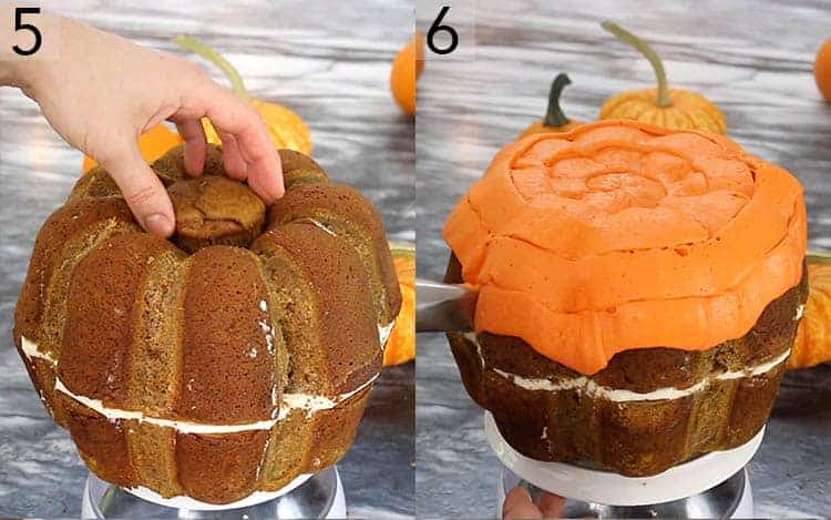 Two photos showing a large pumpkin shaped cake being assembled and covered in orange buttercream