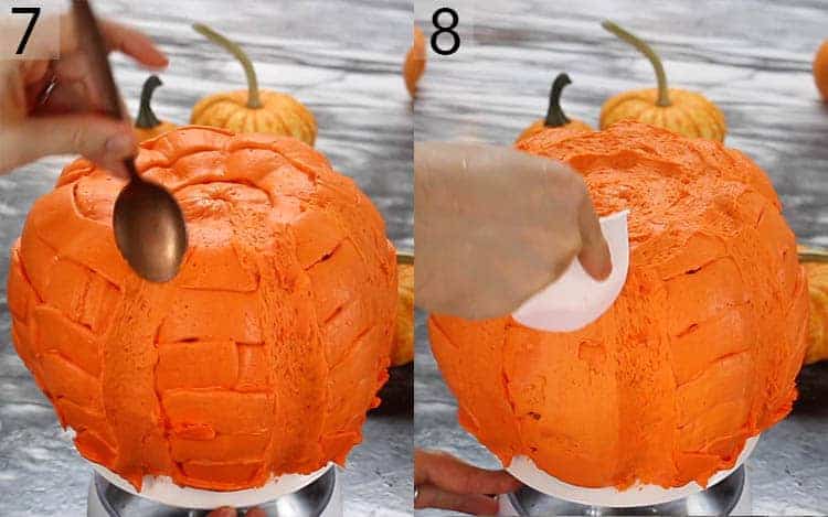 Two photos showing an orange pumpkin bundt cake getting smoothed