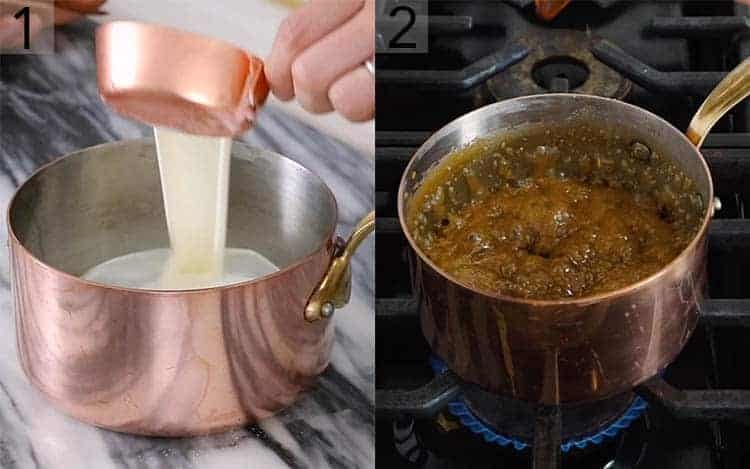 Caramel getting made in a copper pot.