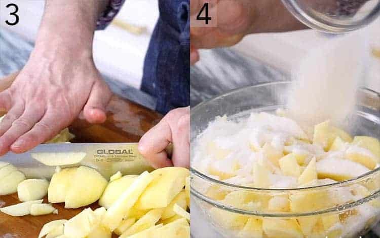 Apples getting sliced and sprinkled with sugar.