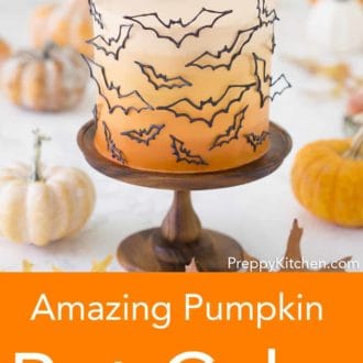 three layered halloween cake with bat decor