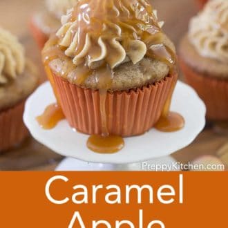 Pinterest graphic of a profile view of a caramel apple cupcake on a small stand.