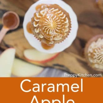 Pinterest graphic of an overhead view of a caramel apple cupcakes.