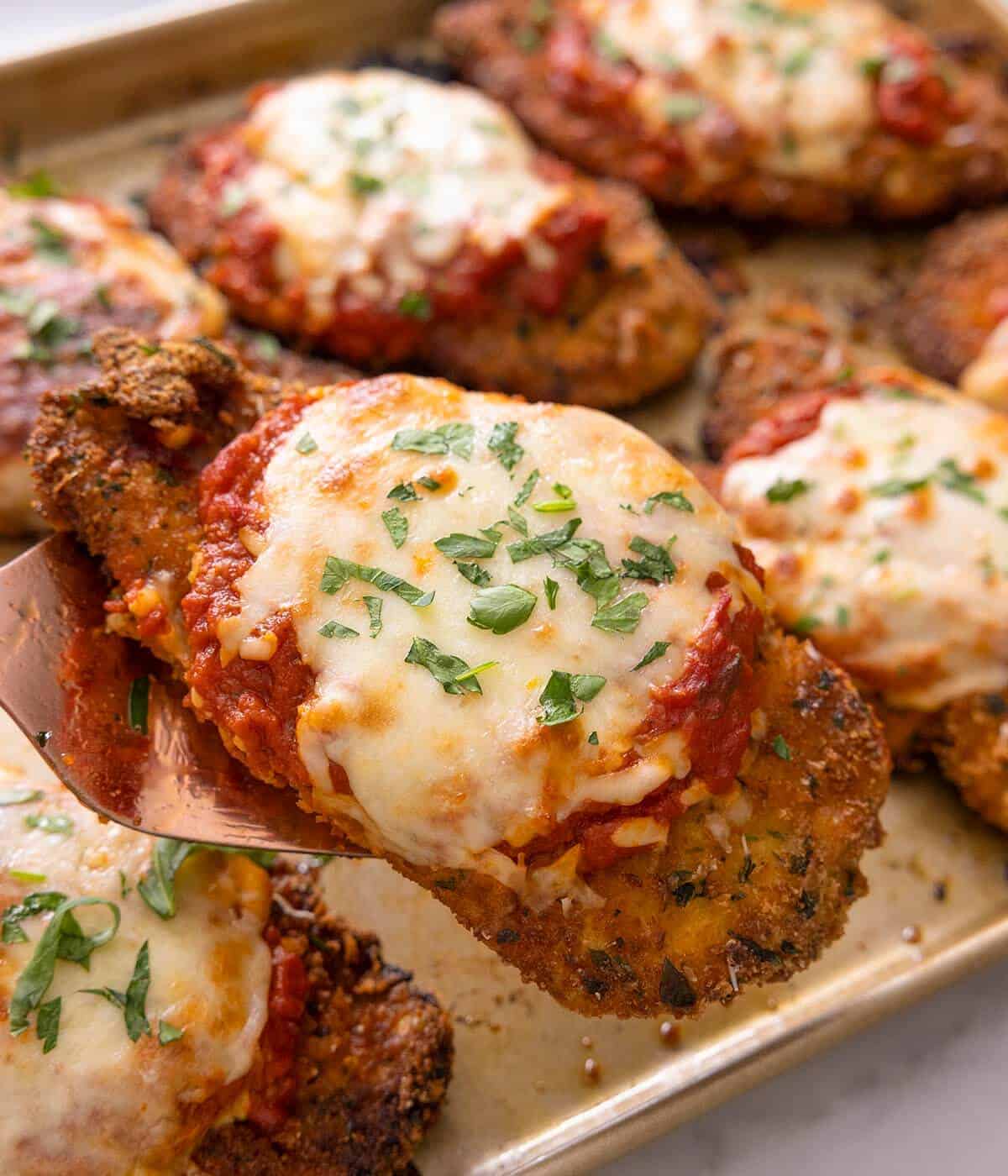 A close up of chicken parmesan lifted up from a baking tray.