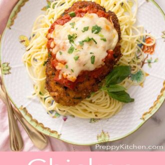 A pinterest graphic of chicken parmesan on pasta.