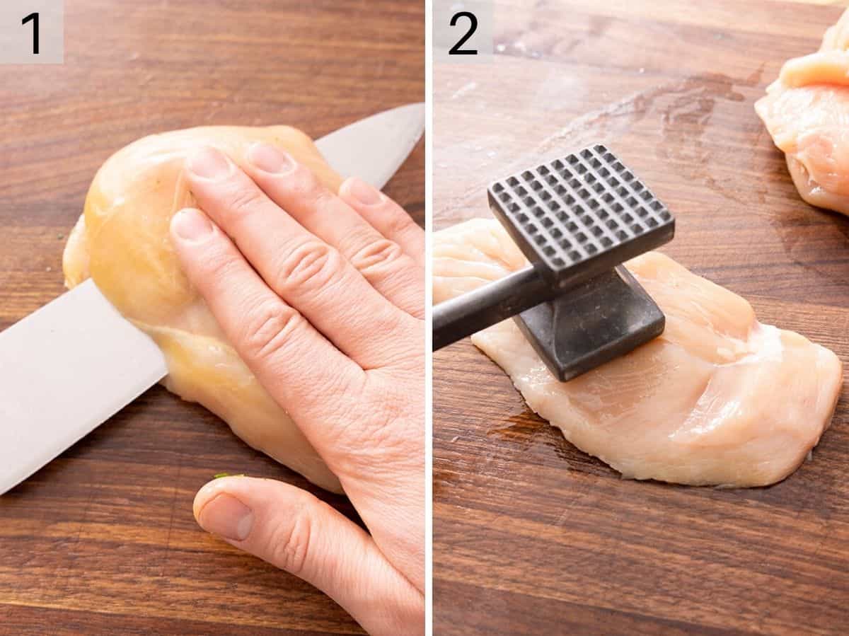 Two photos showing how to cut and pound chicken thinly.
