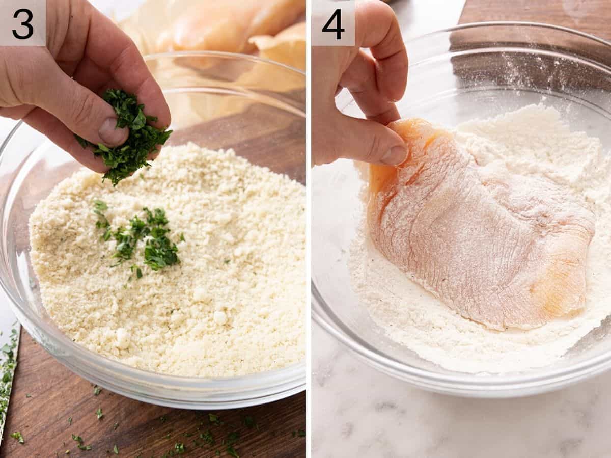 Set of two photos showing breadcrumbs seasoned and chicken coated in flour. 