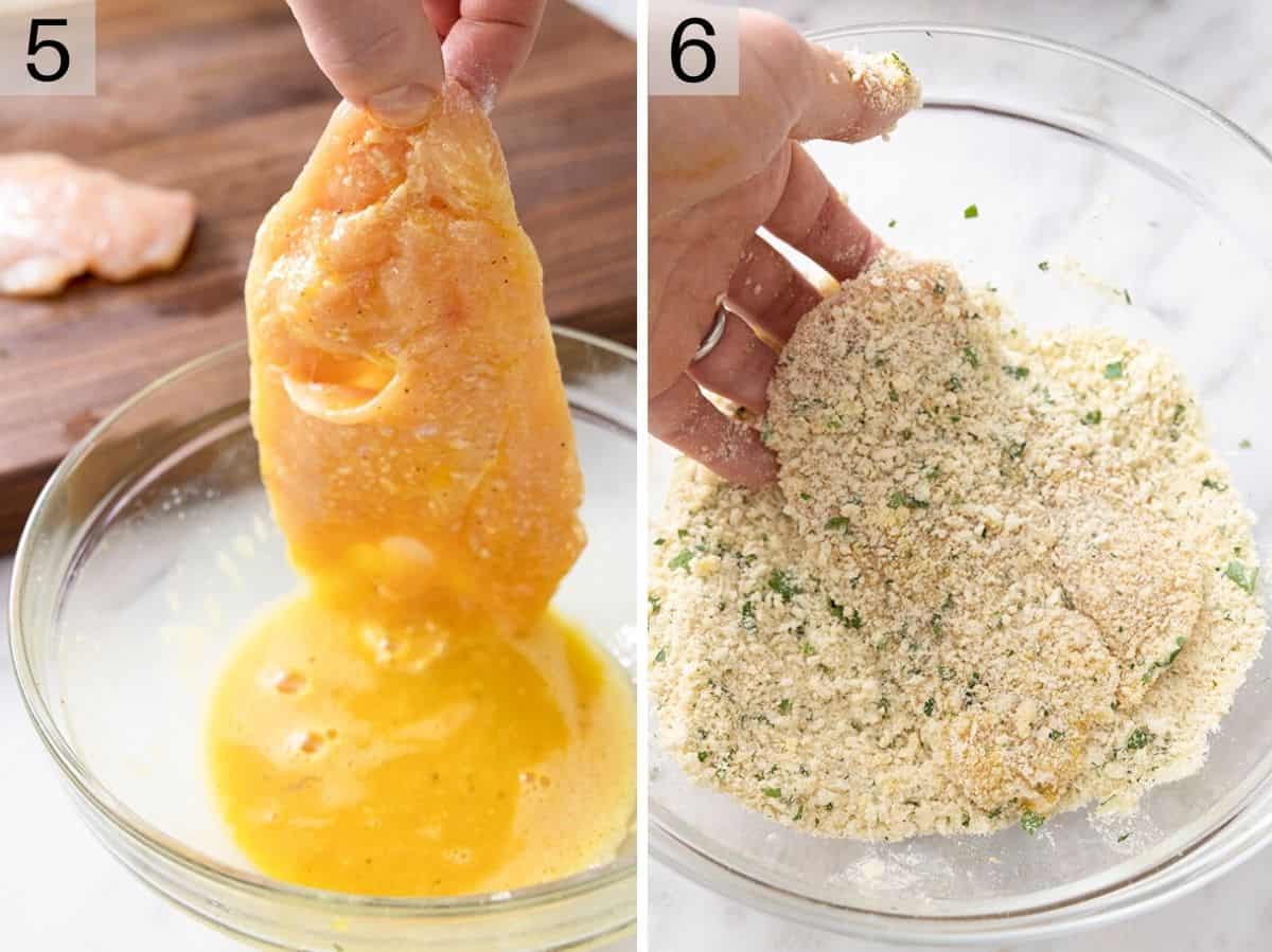 Set of two photos showing chicken dipped in egg wash and coated in the breadcrumbs. 