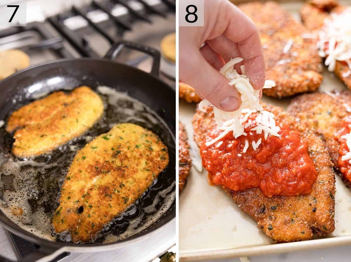 Set of two photos showing chicken cooked in a skillet then sauce and cheese added on top. 