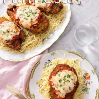 A pinterest graphic of chicken parmesan on a plate of spaghetti with another platter off to the side.