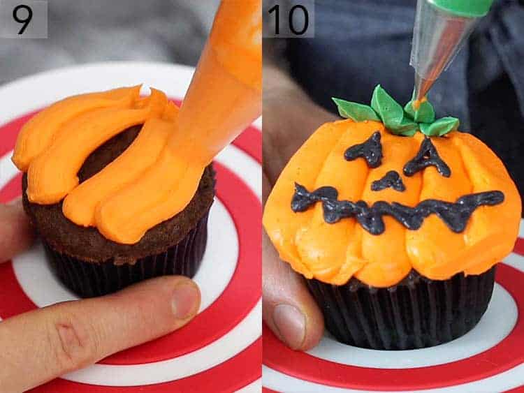 A Jack O lantern cupcake getting decorated.