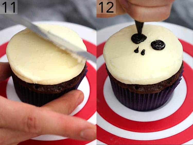 A skeleton cupcake getting decorated.