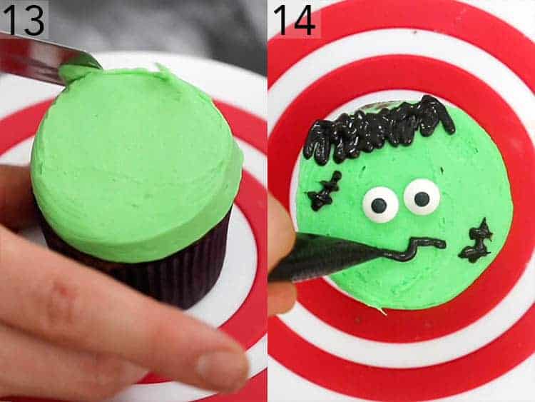 A Frankenstein cupcake getting decorated.