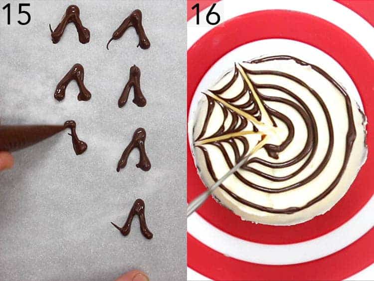 A spider cupcake getting decorated with chocolate.