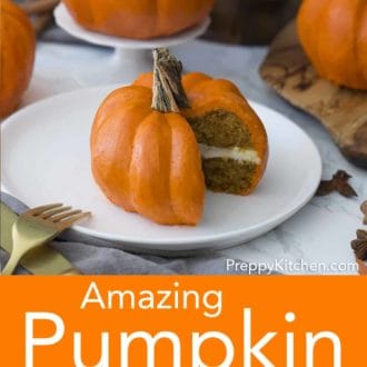 mini pumpkin bundt cake decorated to look like an actual pumpkin