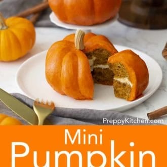 mini pumpkin bundt cake decorated to look like an actual pumpkin