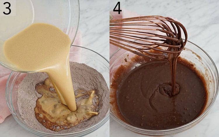 Wet and dry mixtures whisked together to make chocolate cake batter.