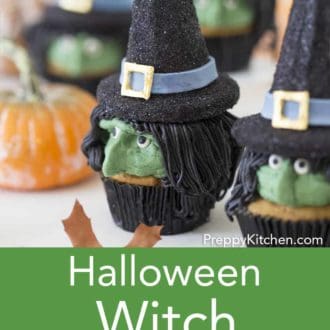 Pinterest graphic of Halloween witch cupcakes in black cupcake papers.