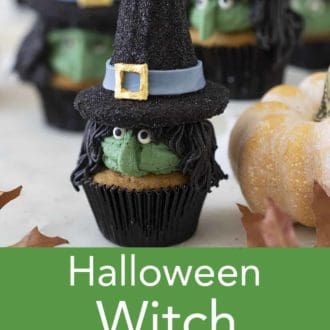 Pinterest graphic of Halloween witch cupcakes in black cupcake papers.