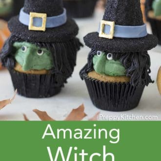 Pinterest graphic of Halloween witch cupcakes in black cupcake papers.