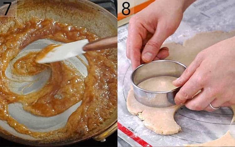 Apple caramel bubbling and pastry circles getting cut.