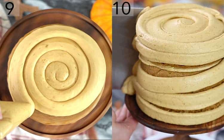 A pumpkin bat cake being assembled and smoothed.